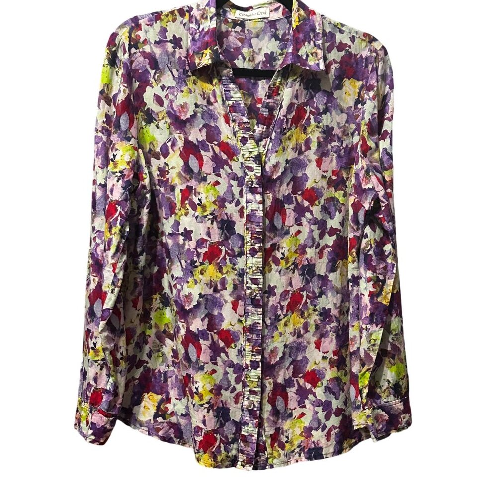 Coldwater Creek sz XL cotton silk purple floral button front blouse FLAW